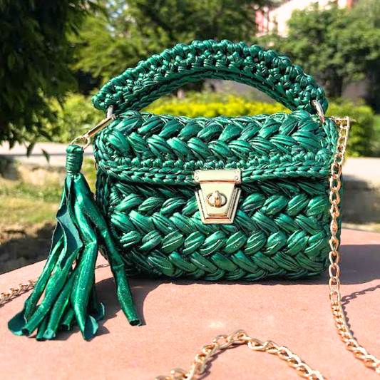 Shiroli Handmade Designer Metallic Emerald Green Crochet Bag - Image 7