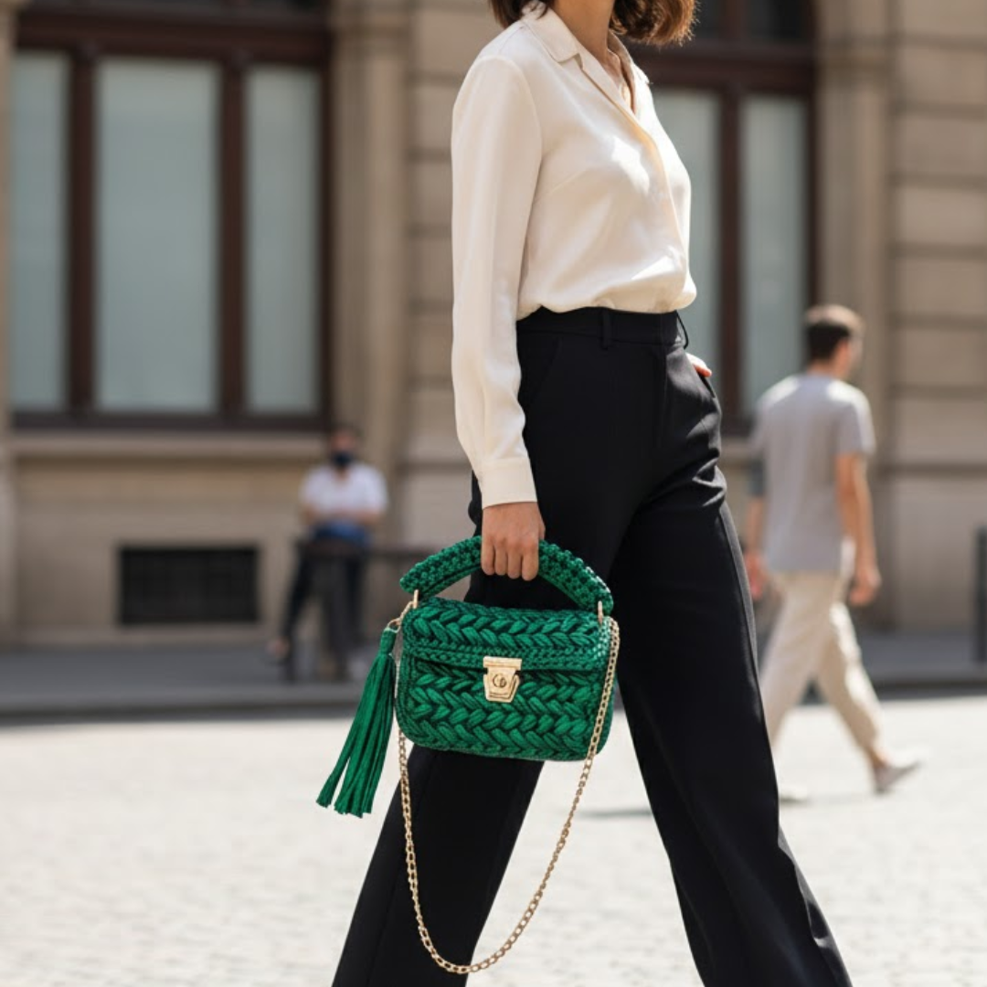 Shiroli Handmade Designer Metallic Emerald Green Crochet Bag - Image 1