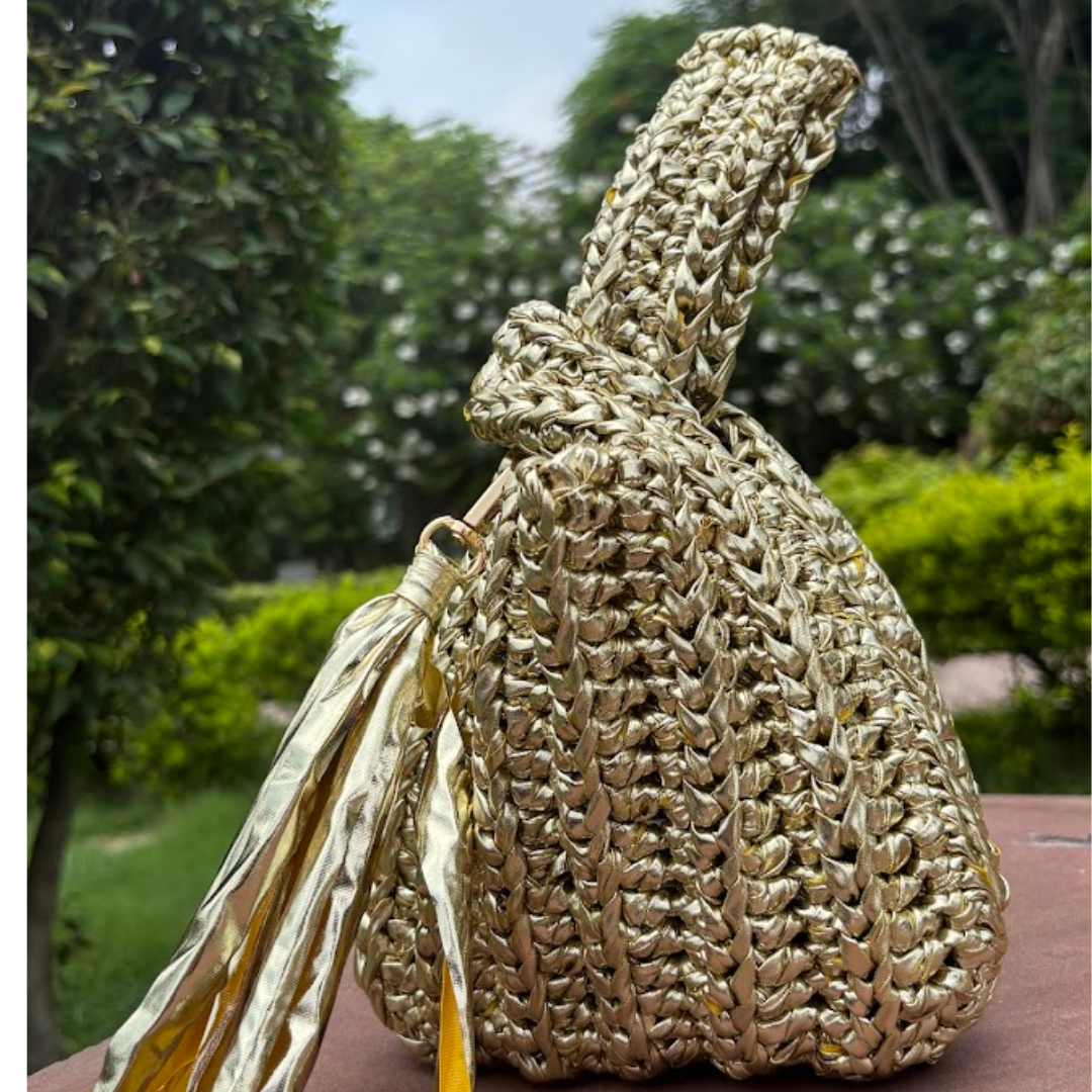 Shiroli Handmade Metallic Gold - Japanese Knot Crochet Bag- Design 2 - Image 1