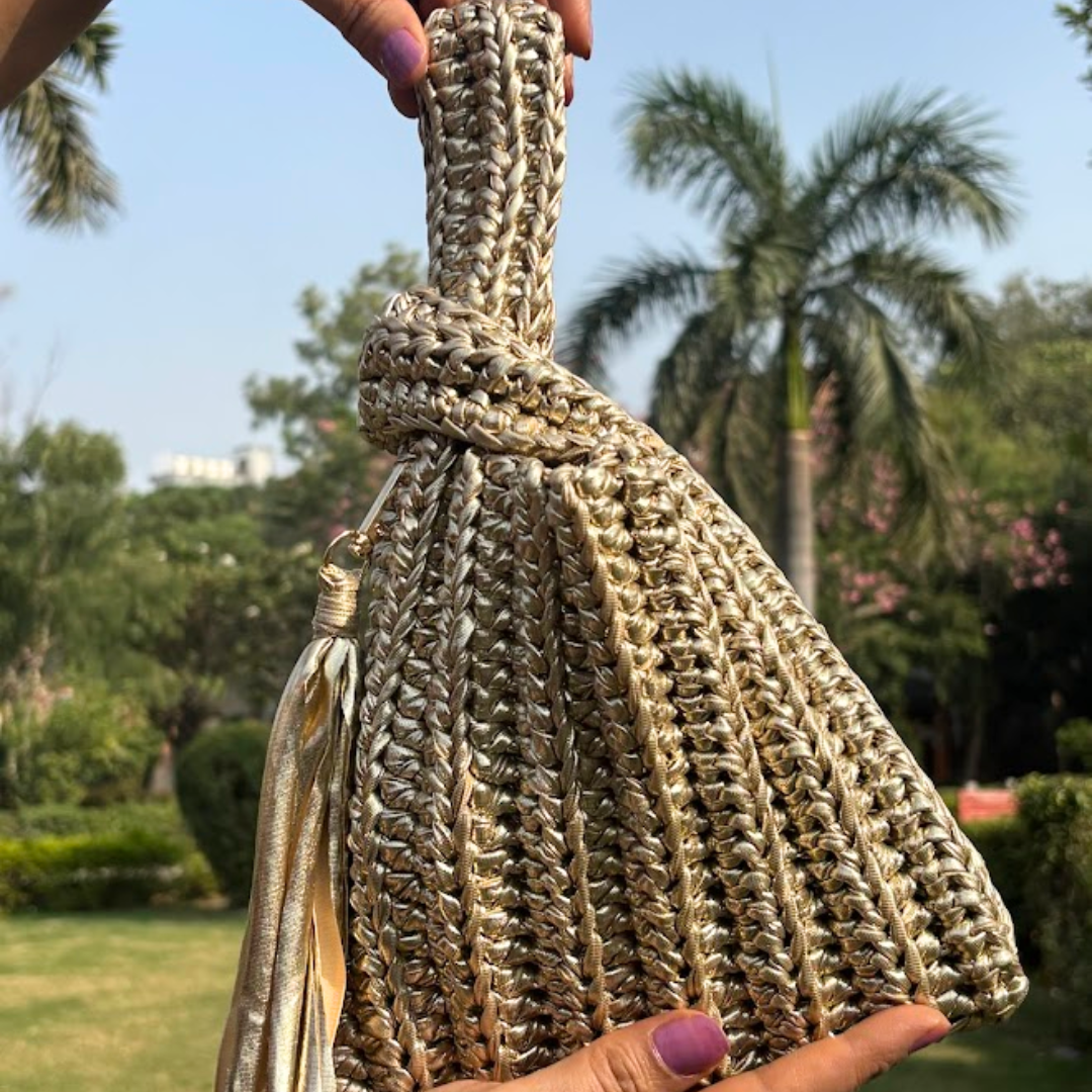 Shiroli Handmade Metallic Gold - Japanese Knot Crochet Bag - Image 6
