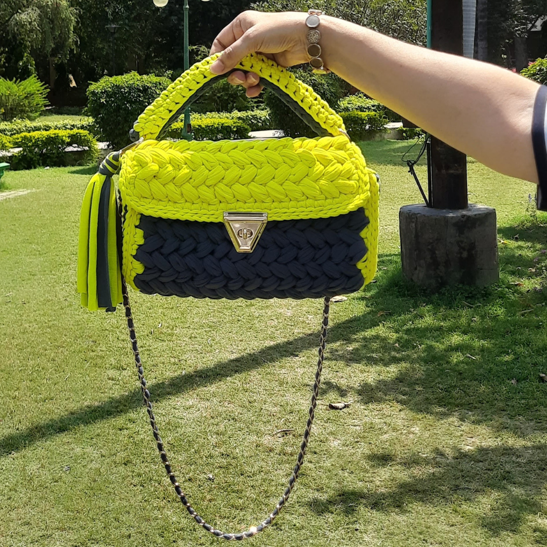 Shiroli Handmade Designer Lemon-Grey Crochet Sling HandBag - Image 1