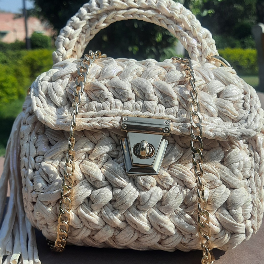 Shiroli Handmade Designer Metallic Ivory Bag - Image 3