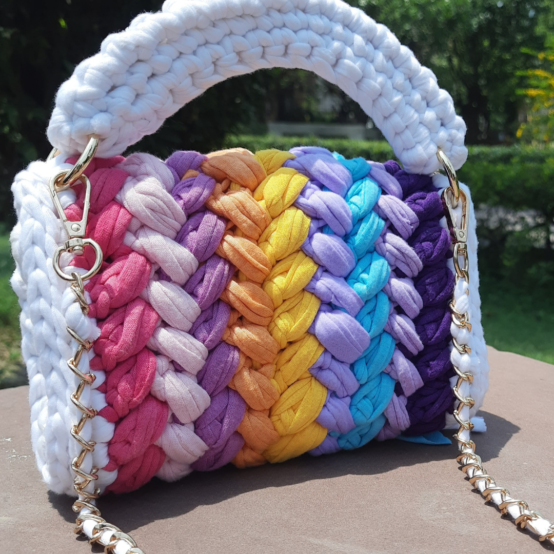 Shiroli Crochet Handmade Designer White Crush Rainbow Bag - Image 2
