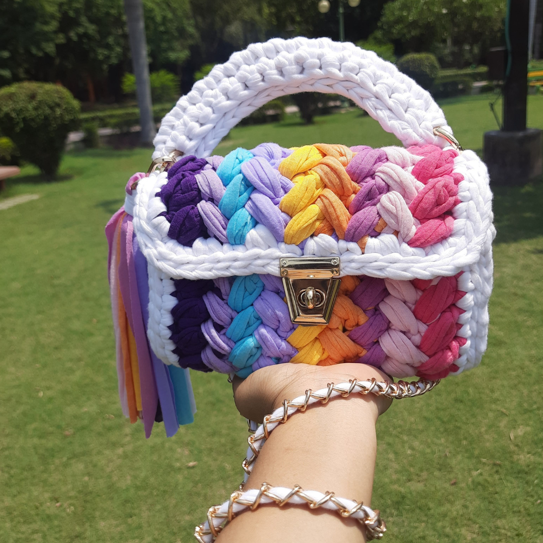 Shiroli Crochet Handmade Designer White Crush Rainbow Bag - Image 3