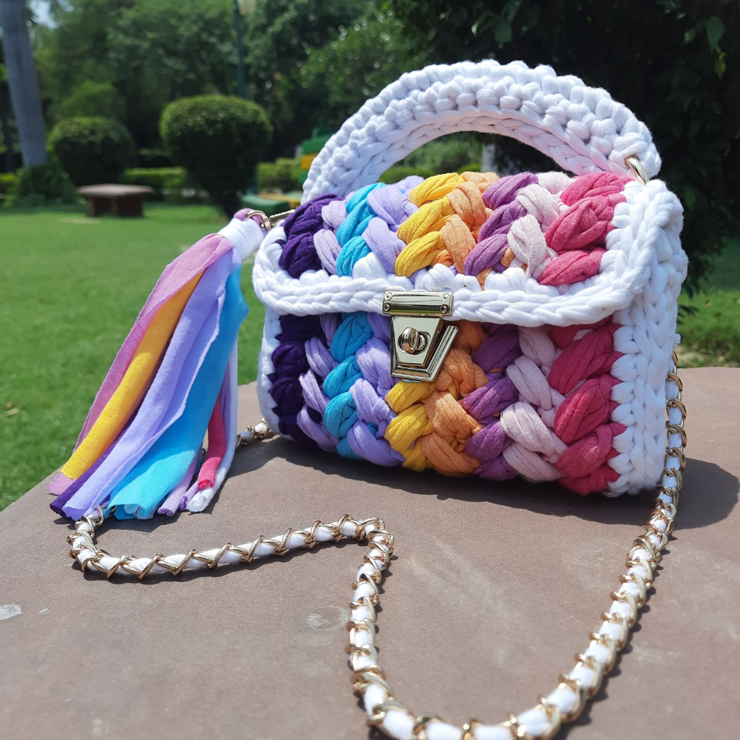 Shiroli Crochet Handmade Designer White Crush Rainbow Bag - Image 4