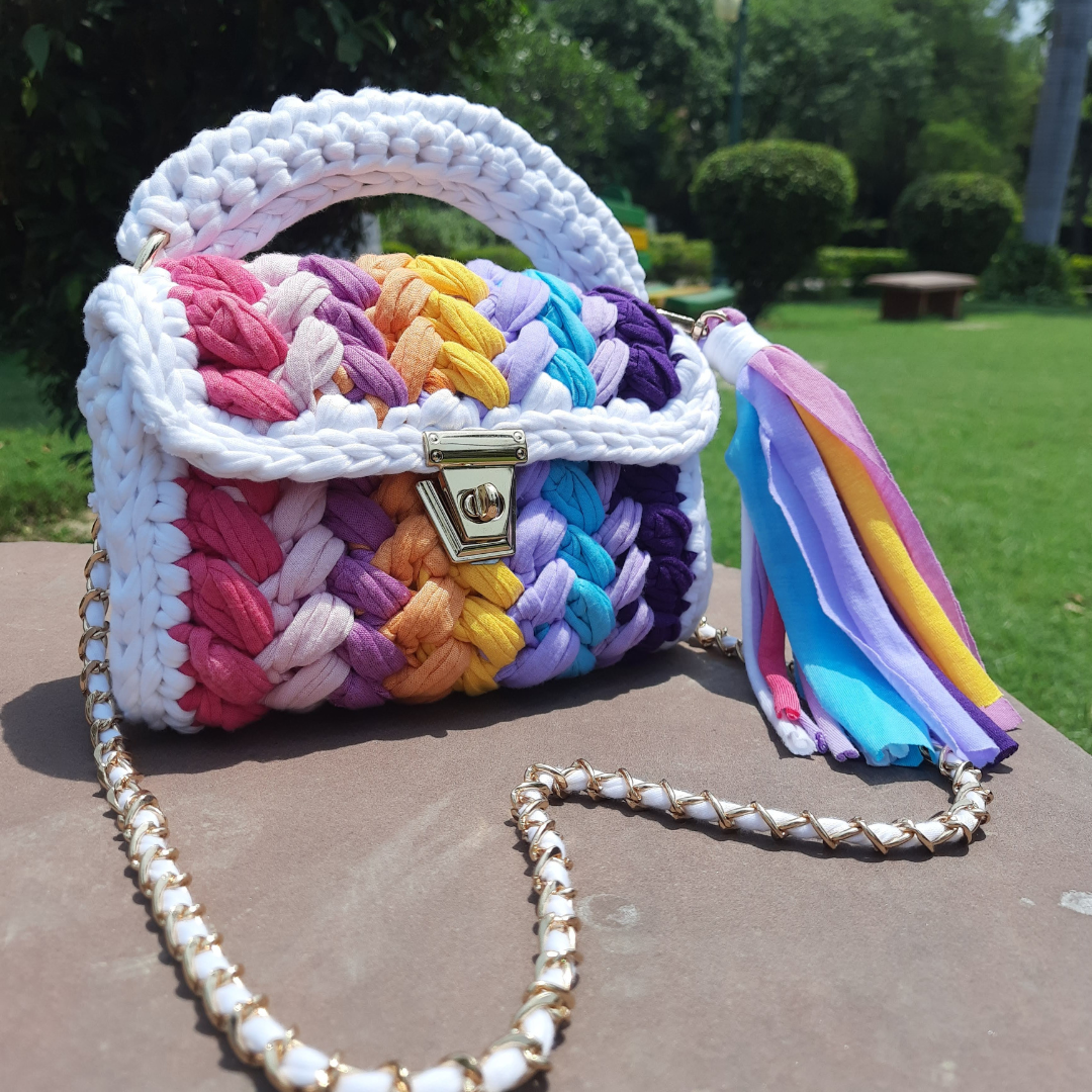 Shiroli Crochet Handmade Designer White Crush Rainbow Bag - Image 5