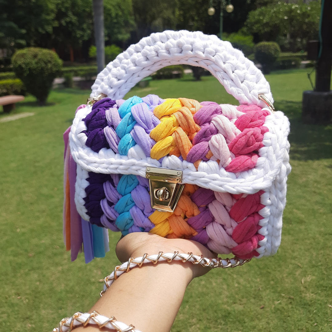 Shiroli Crochet Handmade Designer White Crush Rainbow Bag - Image 6