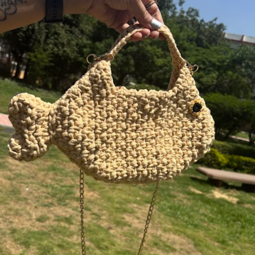 Shiroli Handmade Beige Ocean Whisper Fish Bag -  Image 1