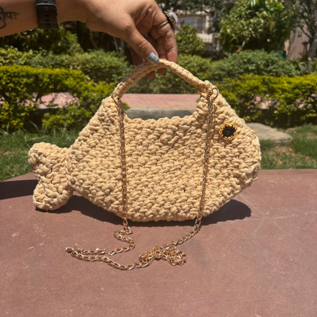 Shiroli Handmade Beige Ocean Whisper Fish Bag