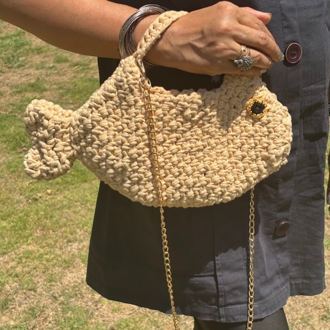 Shiroli Handmade Beige Ocean Whisper Fish Bag -  Image 4