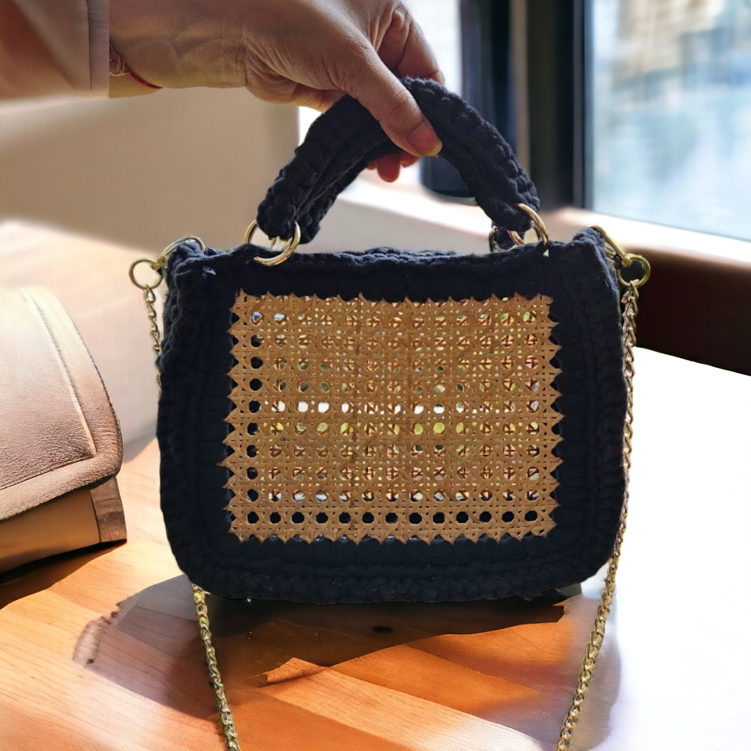 Shiroli Handmade Cane Webbing Black Crochet Handbag - Image 2