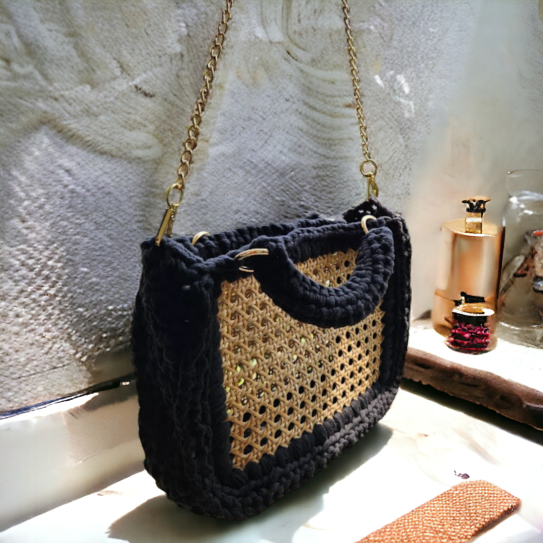 Shiroli Handmade Cane Webbing Black Crochet Handbag - Image 6