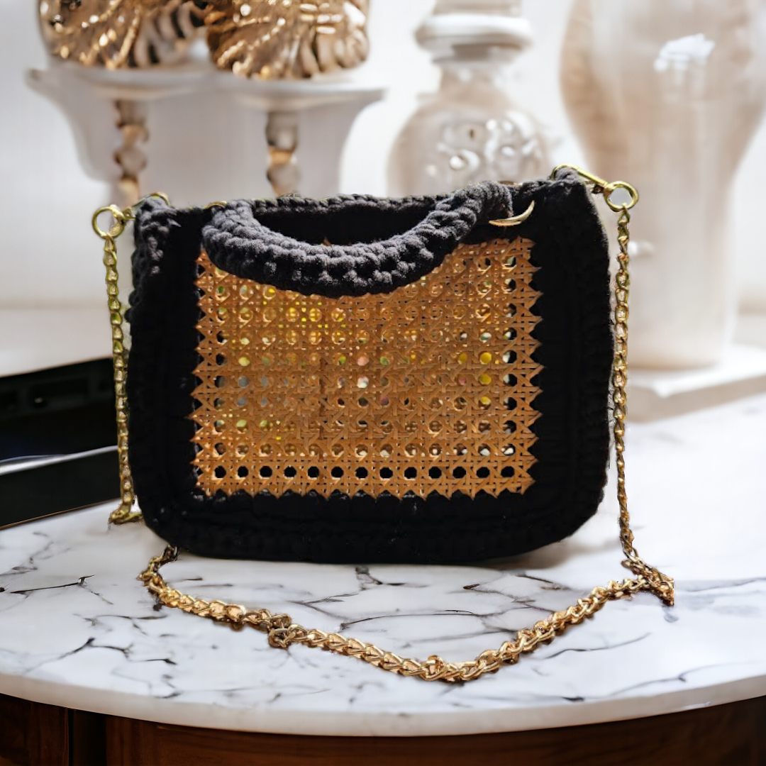 Shiroli Handmade Cane Webbing Black Crochet Handbag - Image 9
