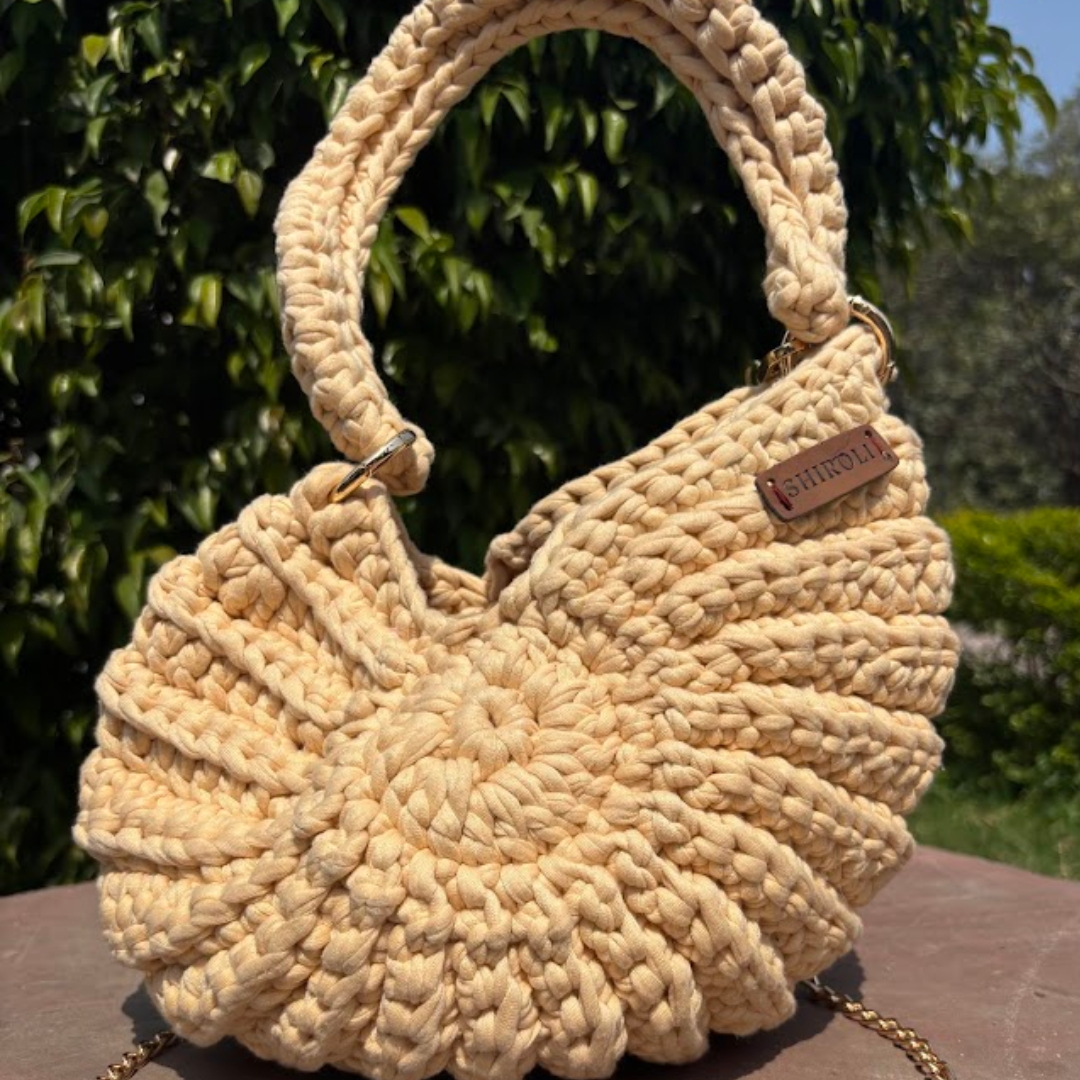 Shiroli Handmade Designer Beige - Shell Crochet Sling Bag- Image3