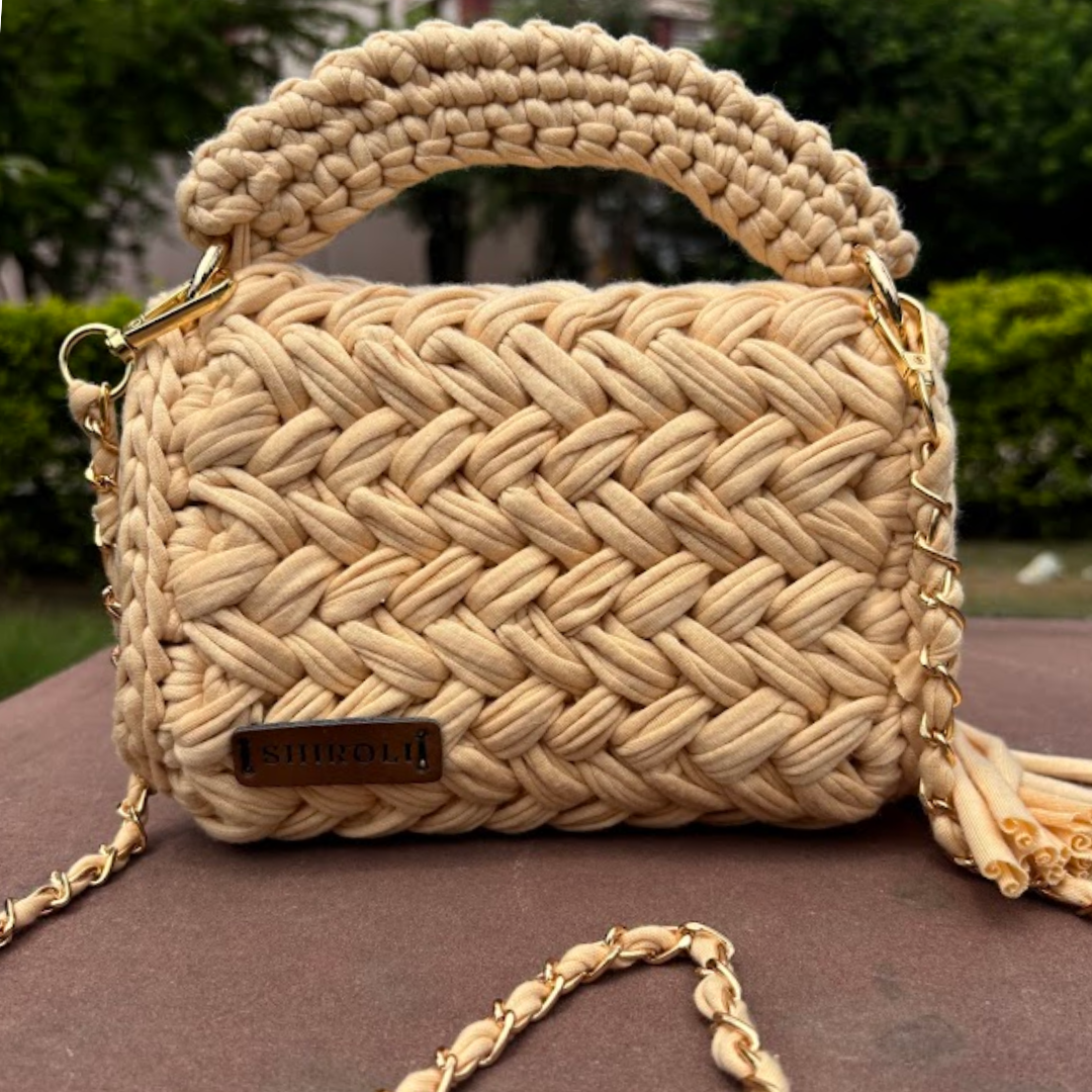 Shiroli Handmade Designer Beige Crochet Bag - Image 5