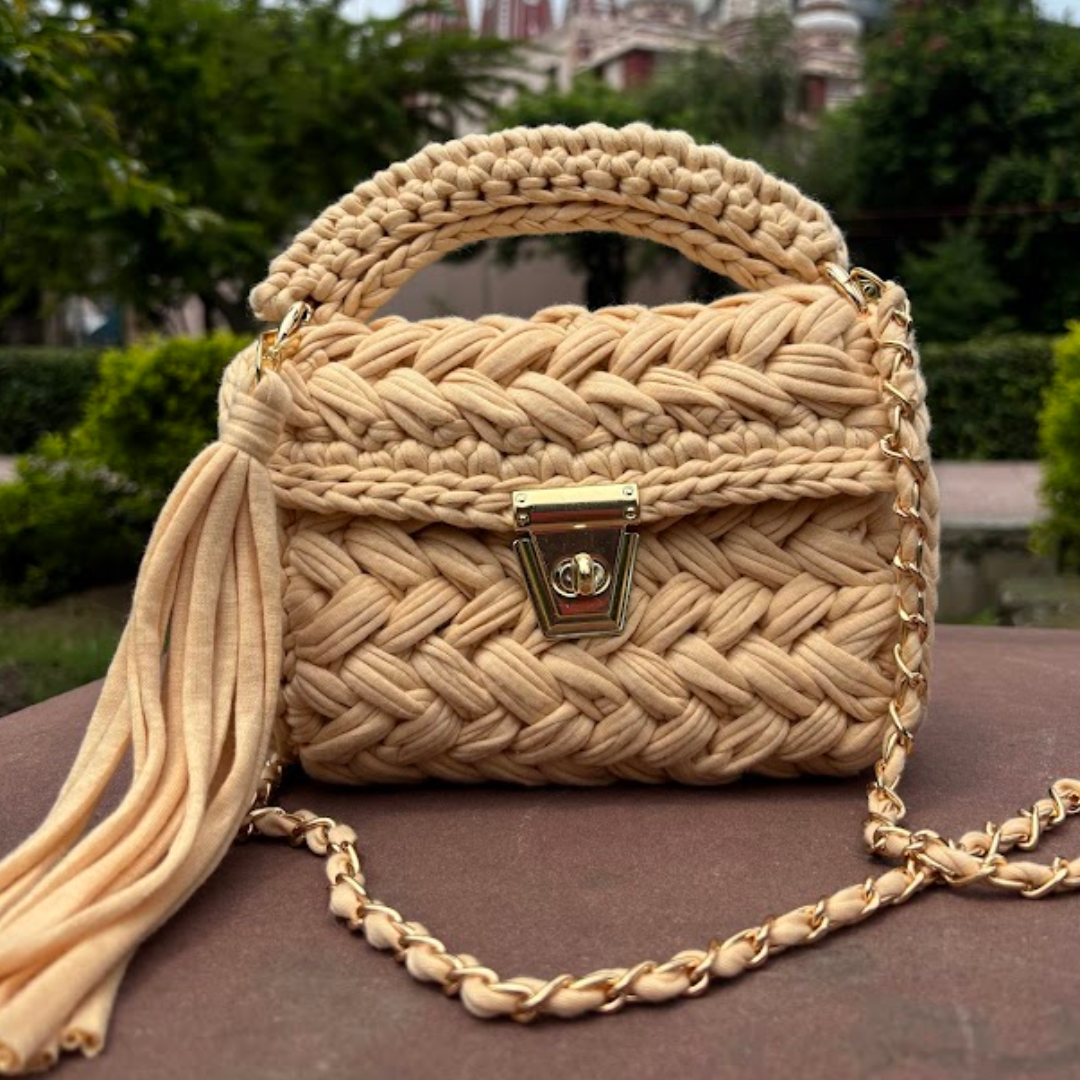 Shiroli Handmade Designer Beige Crochet Bag - Image 2