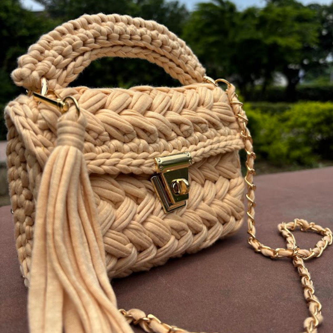 Shiroli Handmade Designer Beige Crochet Bag - Image 3
