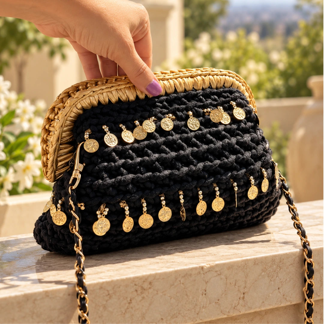 Shiroli Handmade Designer Black - Noor Coin Clutch Crochet Bag - Image 1