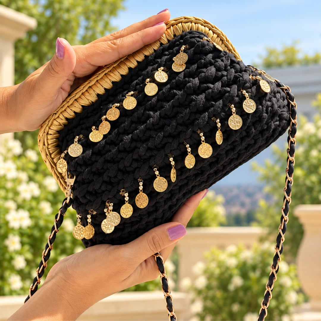 Shiroli Handmade Designer Black - Noor Coin Clutch Crochet Bag - Image 2