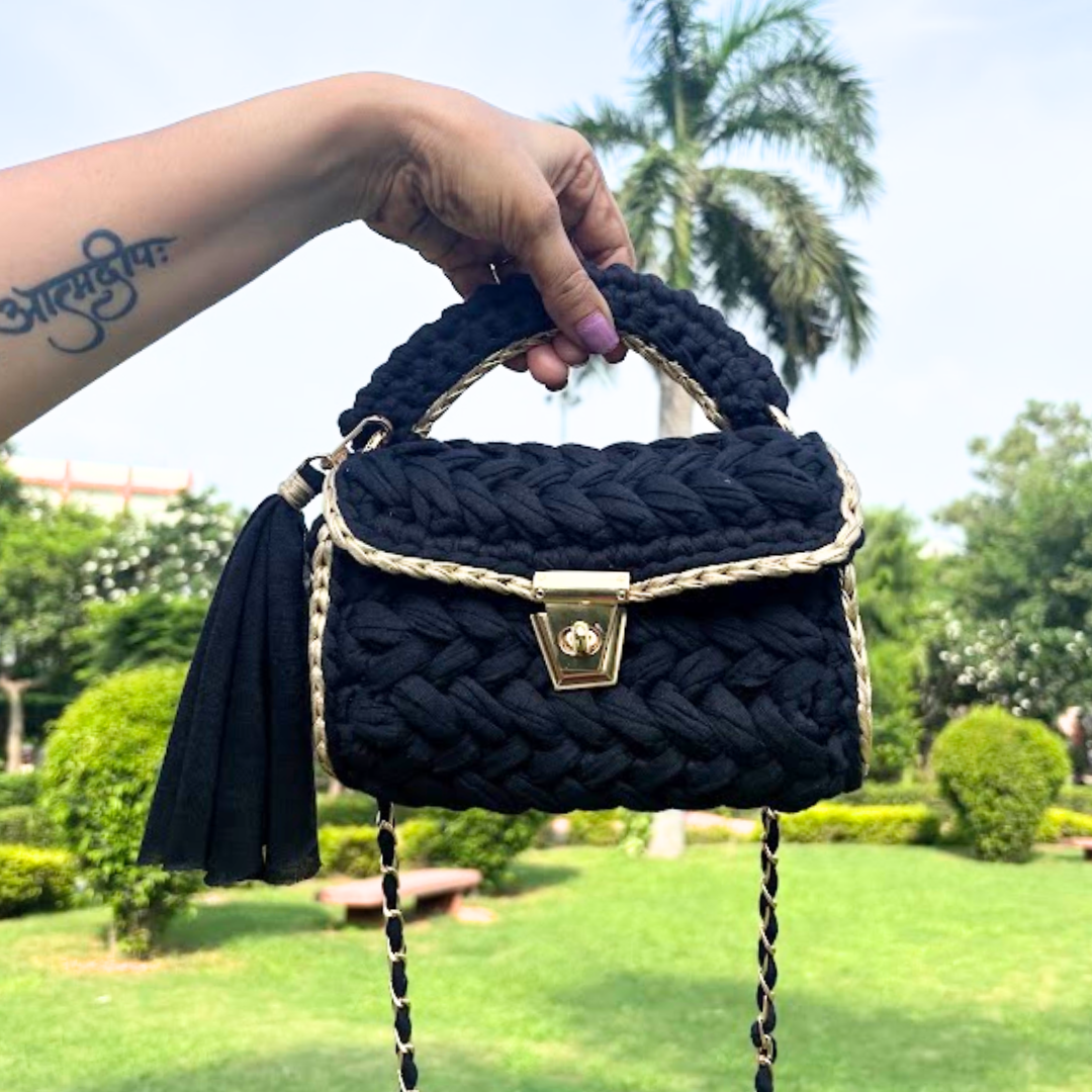 Shiroli Handmade Designer Black Opulence Crochet Bag- Image 1