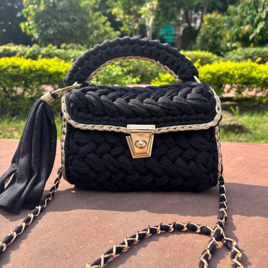 Shiroli Handmade Designer Black Opulence Crochet Bag- Image 3