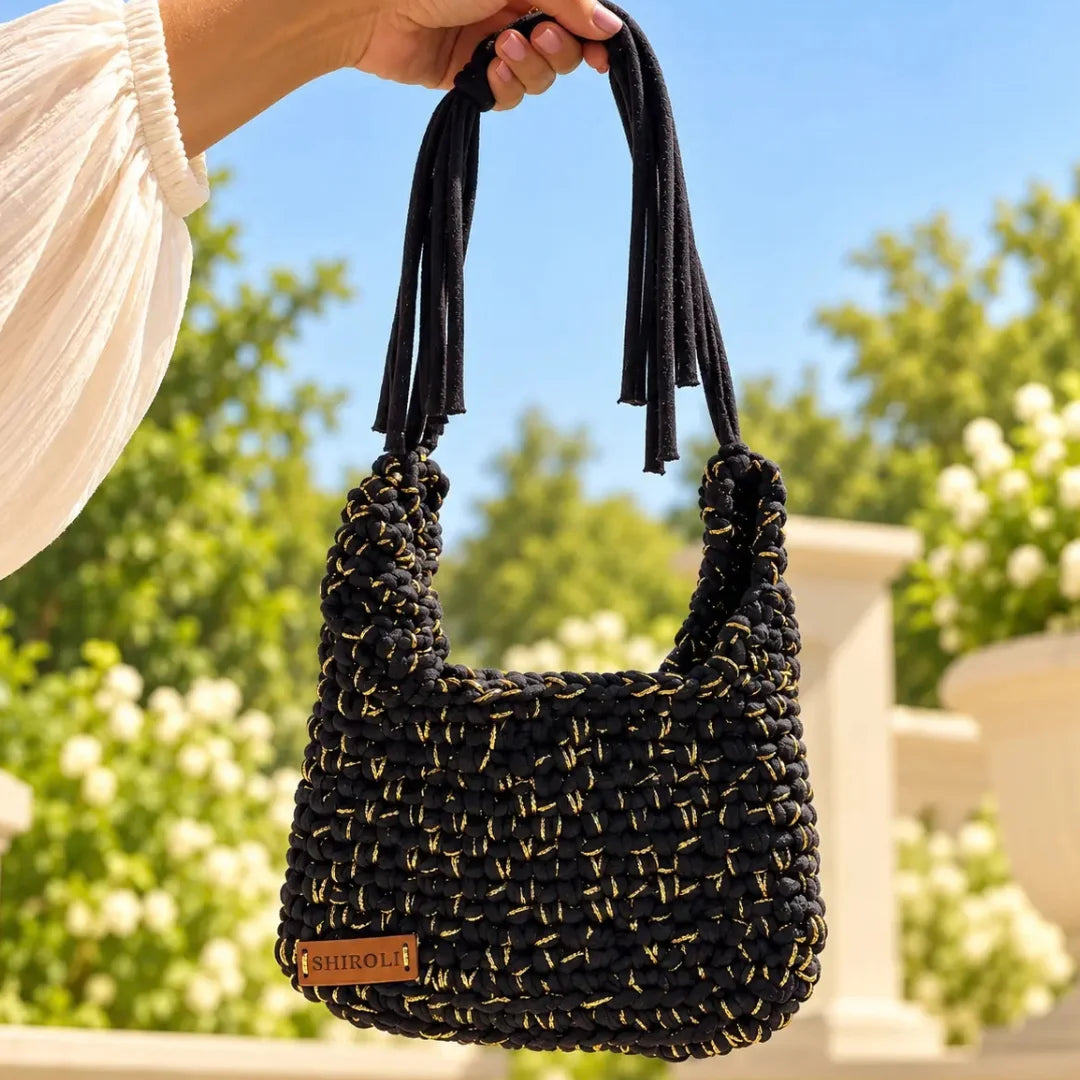 Shiroli Handmade Designer Black n Golden - Flexi Loop Crochet Bag- Image 1