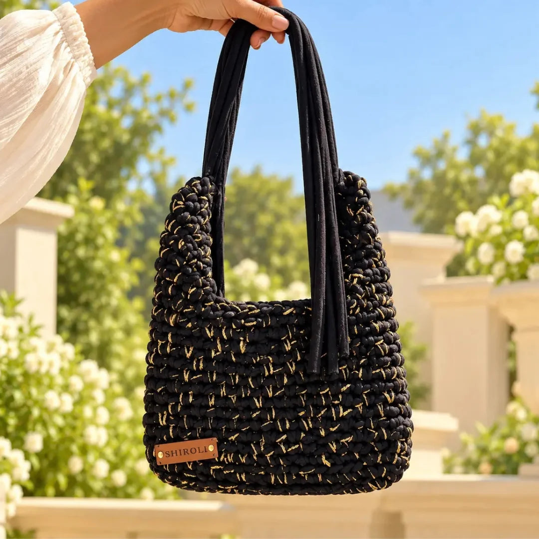 Shiroli Handmade Designer Black n Golden - Flexi Loop Crochet Bag- Image 5