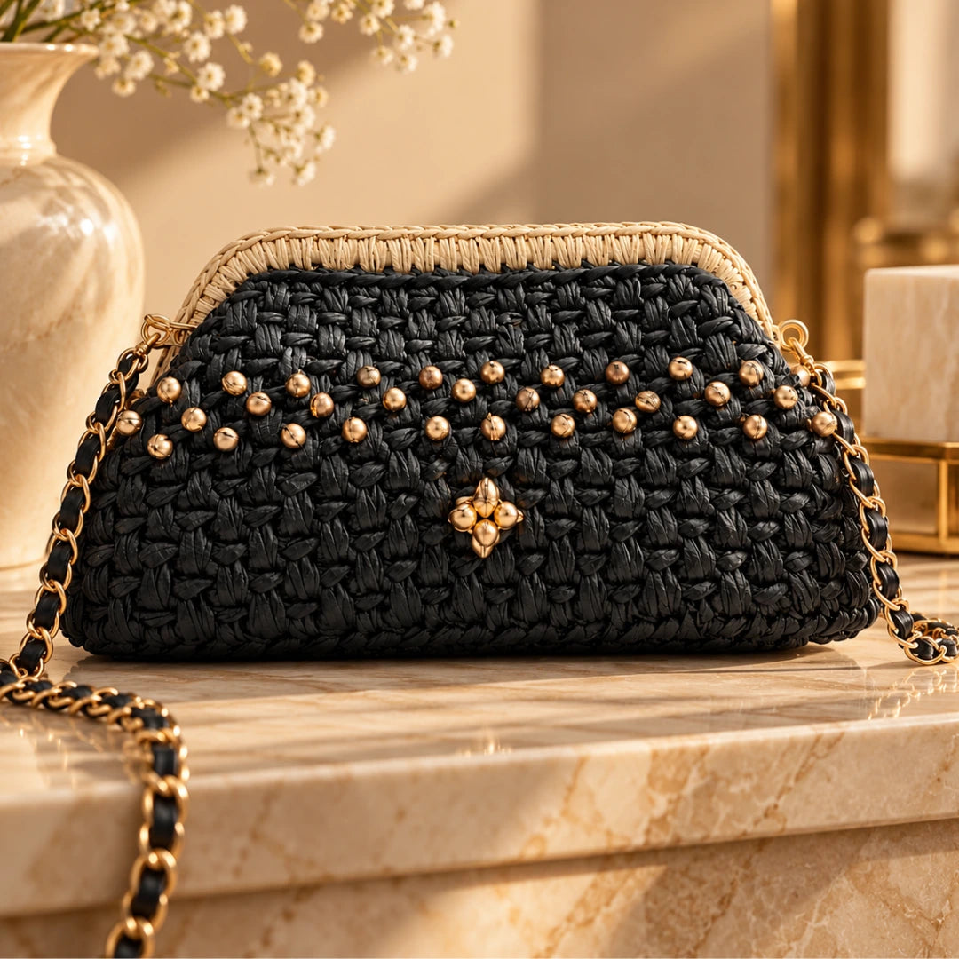 Shiroli Handmade Designer Metallic Black - Noor Ghungroo Clutch Bag