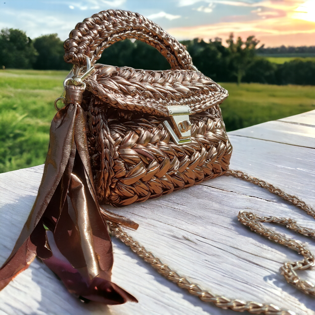 Shiroli Handmade Designer Metallic Copper Crochet Bag- Image 3