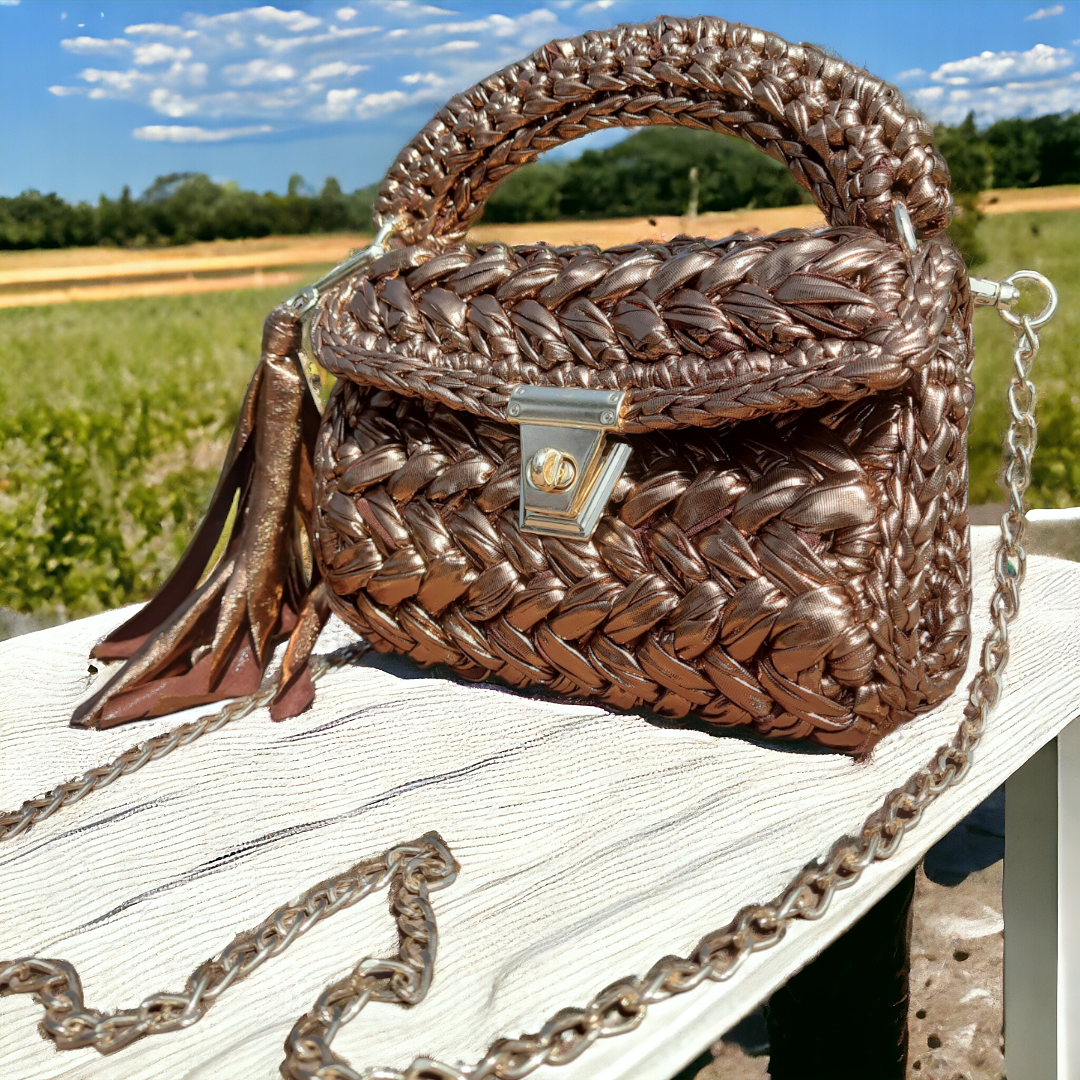 Shiroli Handmade Designer Metallic Copper Crochet Bag- Image 4