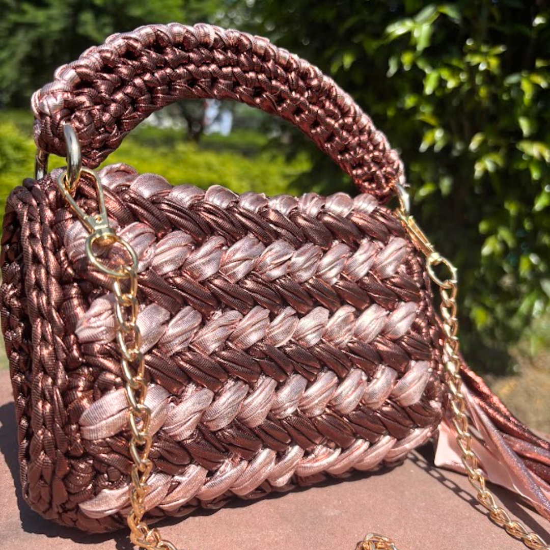 Shiroli Handmade Designer Metallic Copper Rose Crochet Bag- Image 1