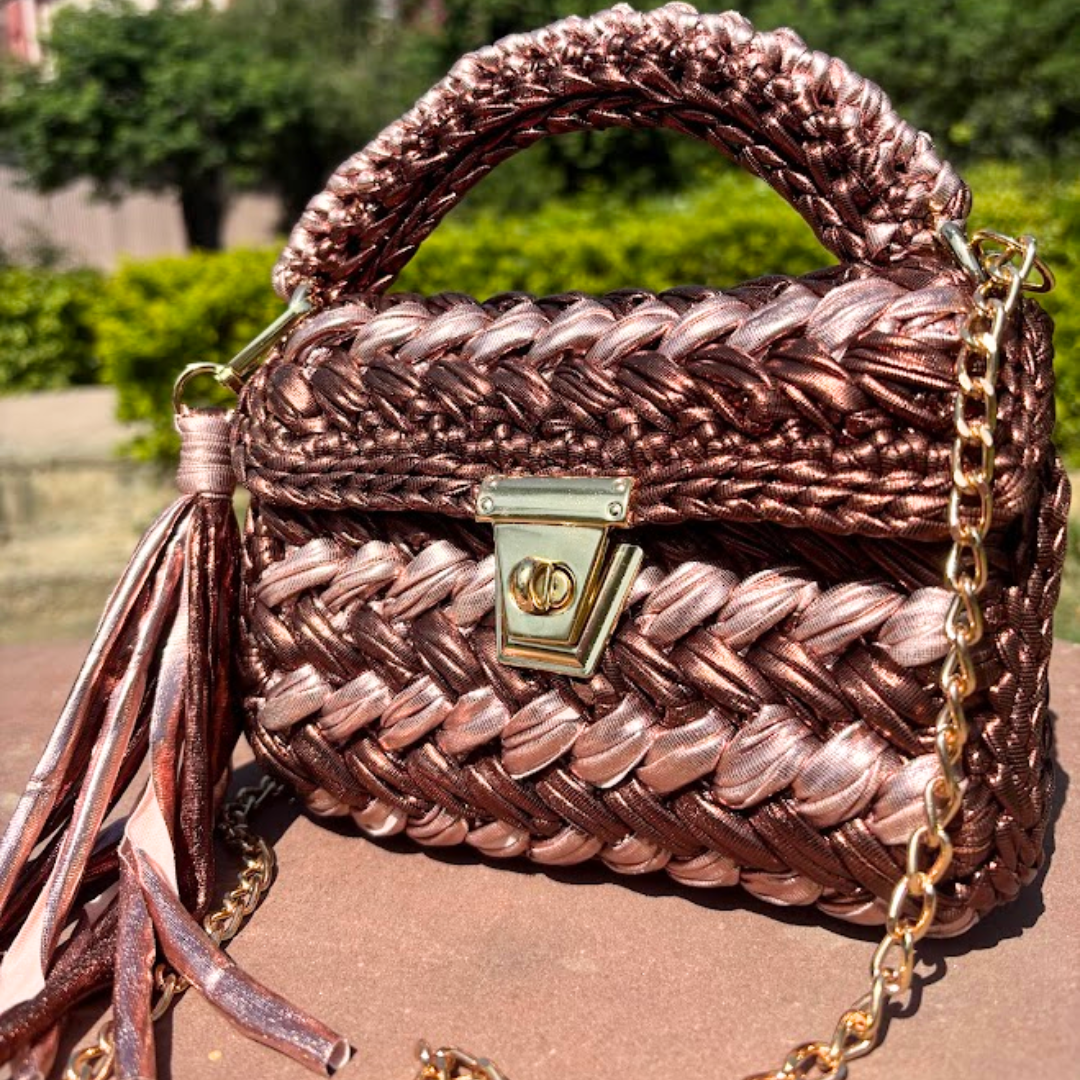 Shiroli Handmade Designer Metallic Copper Rose Crochet Bag- Image 3