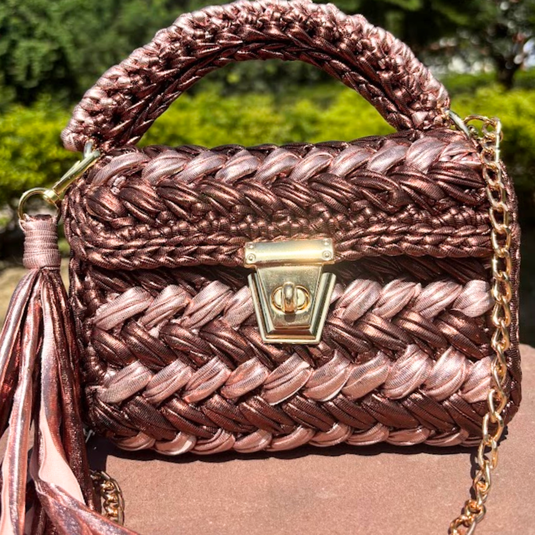 Shiroli Handmade Designer Metallic Copper Rose Crochet Bag- Image 4