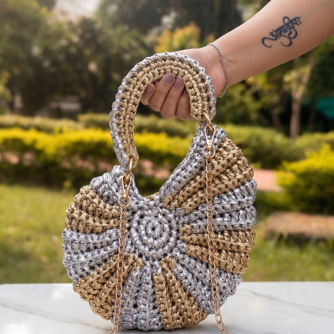 Shiroli Handmade Designer Metallic Gold & Silver - Shell Crochet Bag- Image 1