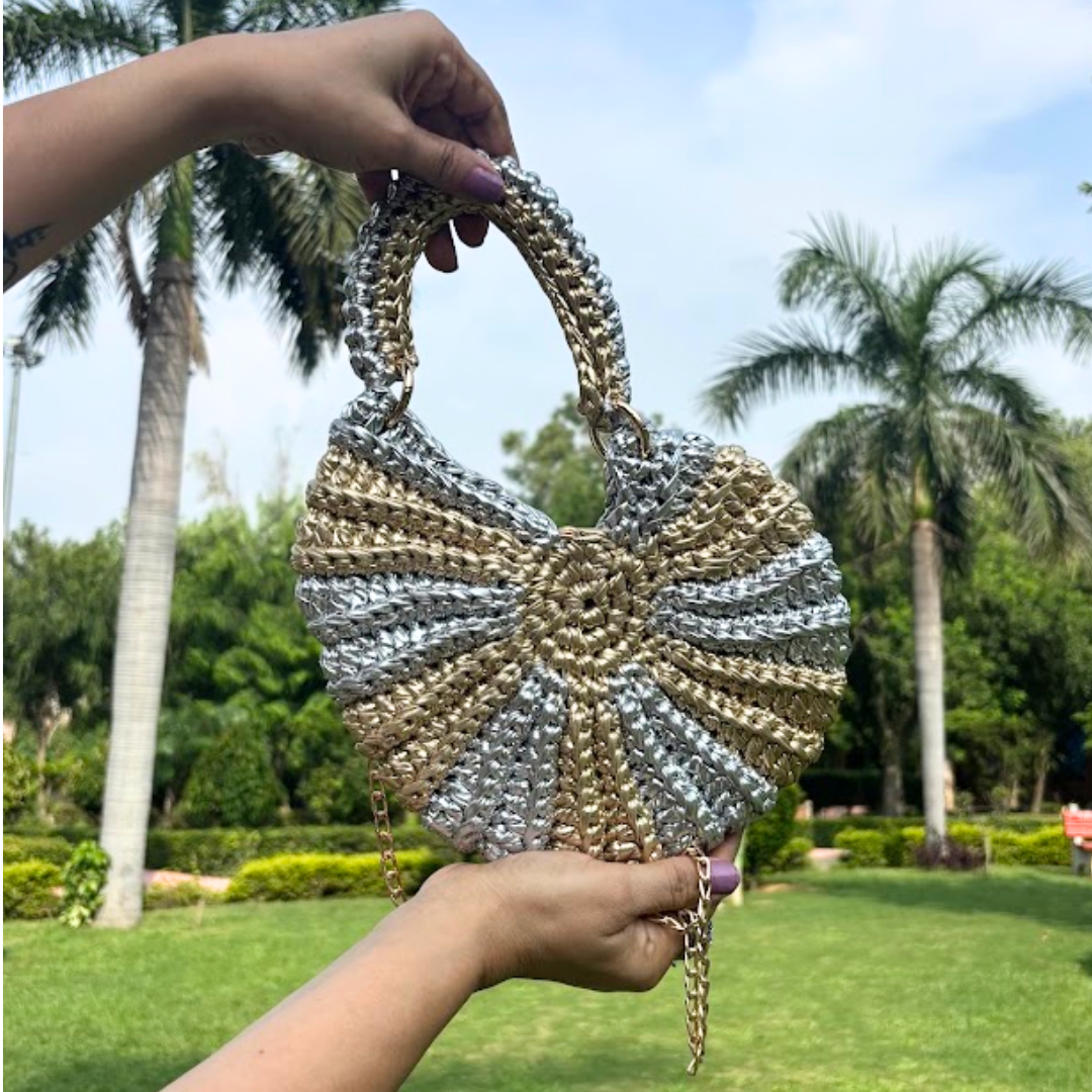 Shiroli Handmade Designer Metallic Gold & Silver - Shell Crochet Bag- Image 6