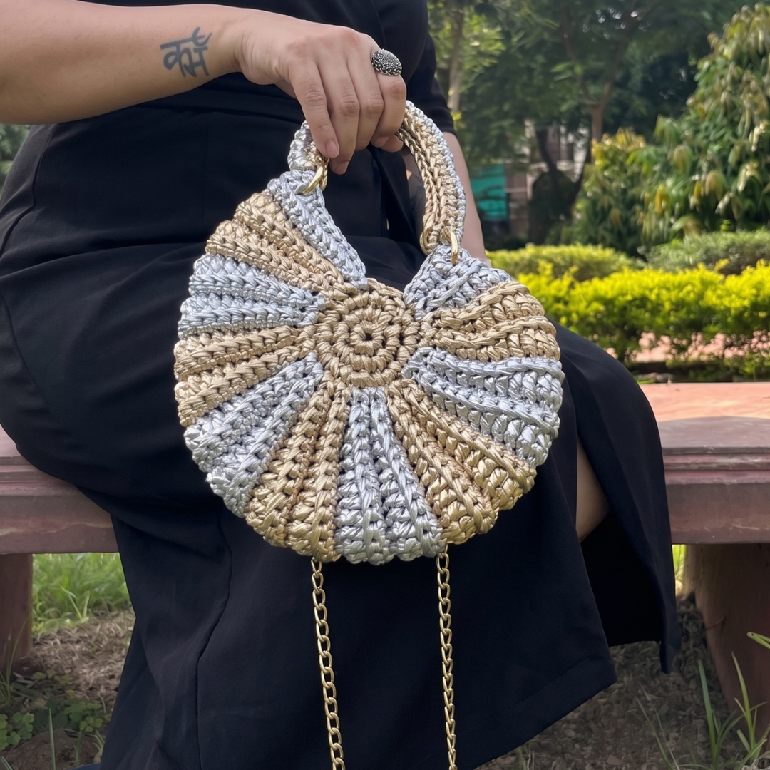 Shiroli Handmade Designer Metallic Gold & Silver - Shell Crochet Bag- Image 3