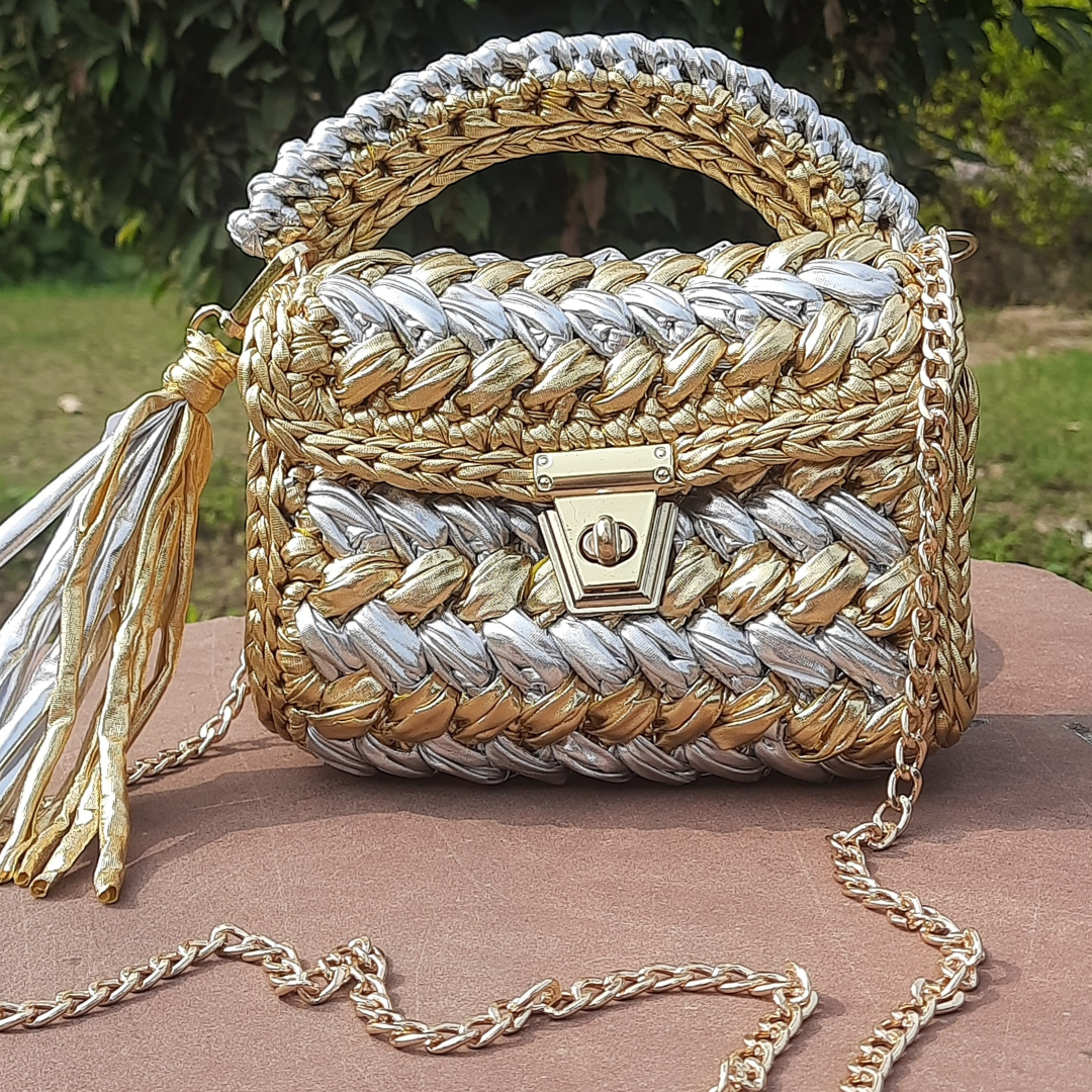 Shiroli Handmade Designer Metallic Gold &  Silver Crochet Bag- Image 1
