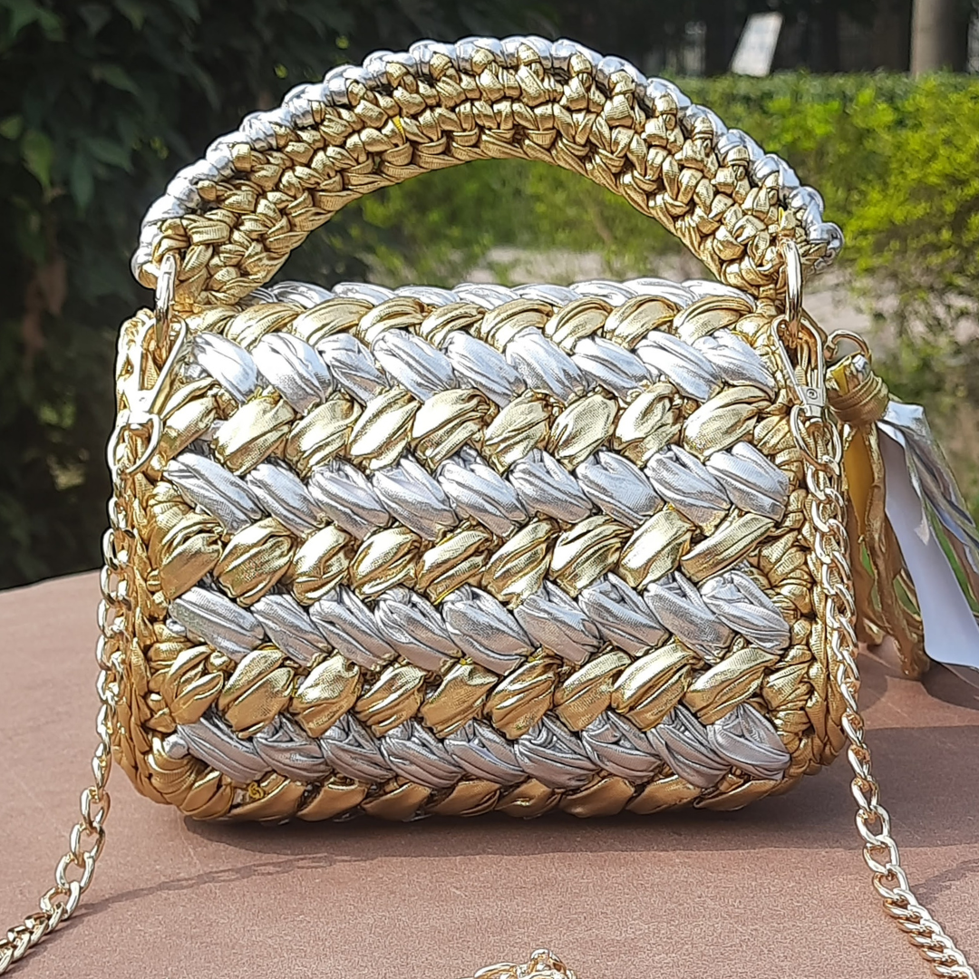 Shiroli Handmade Designer Metallic Gold &  Silver Crochet Bag- Image 2