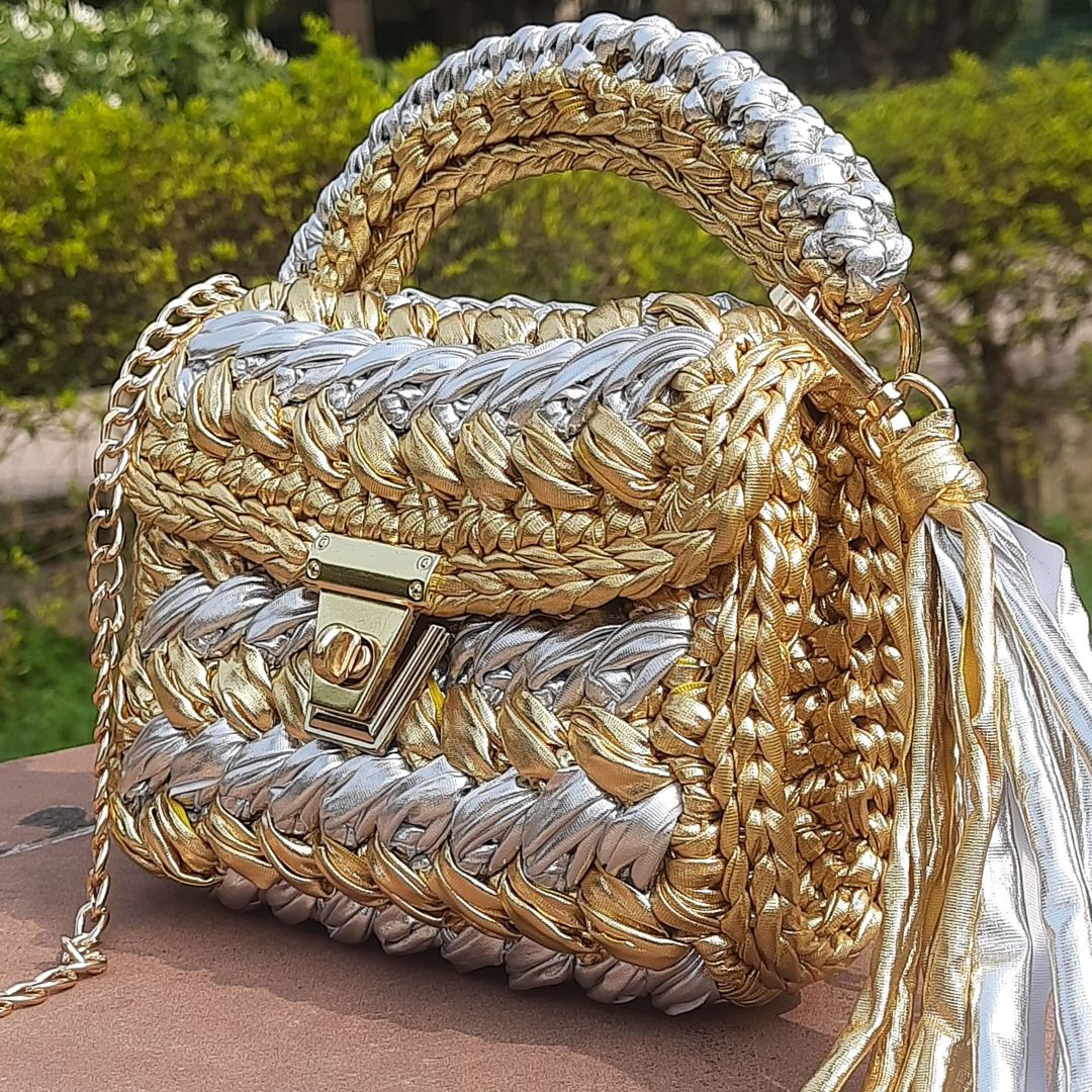 Shiroli Handmade Designer Metallic Gold &  Silver Crochet Bag- Image 3