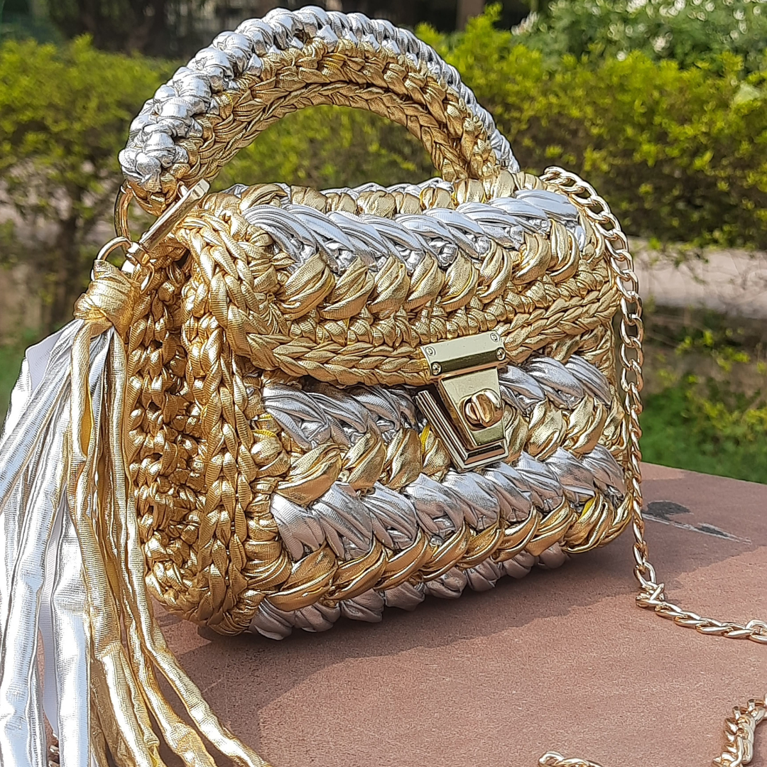 Shiroli Handmade Designer Metallic Gold &  Silver Crochet Bag- Image 4