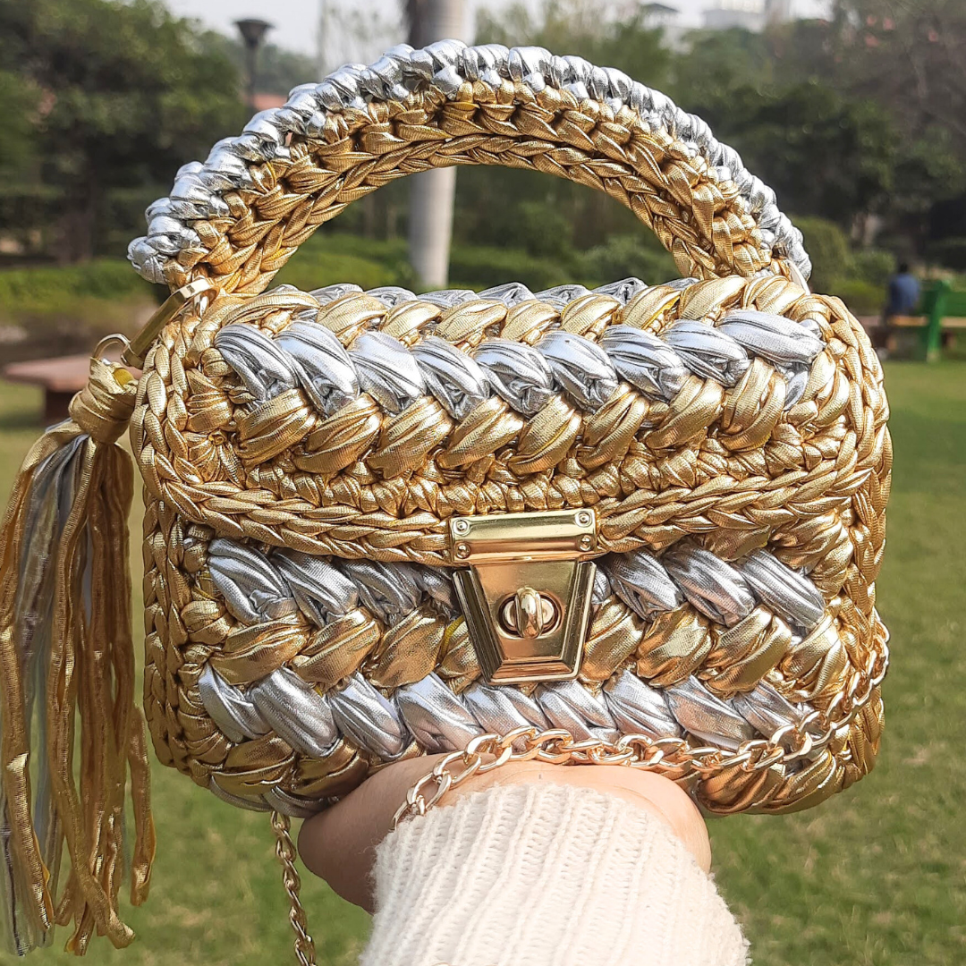 Shiroli Handmade Designer Metallic Gold &  Silver Crochet Bag- Image 5