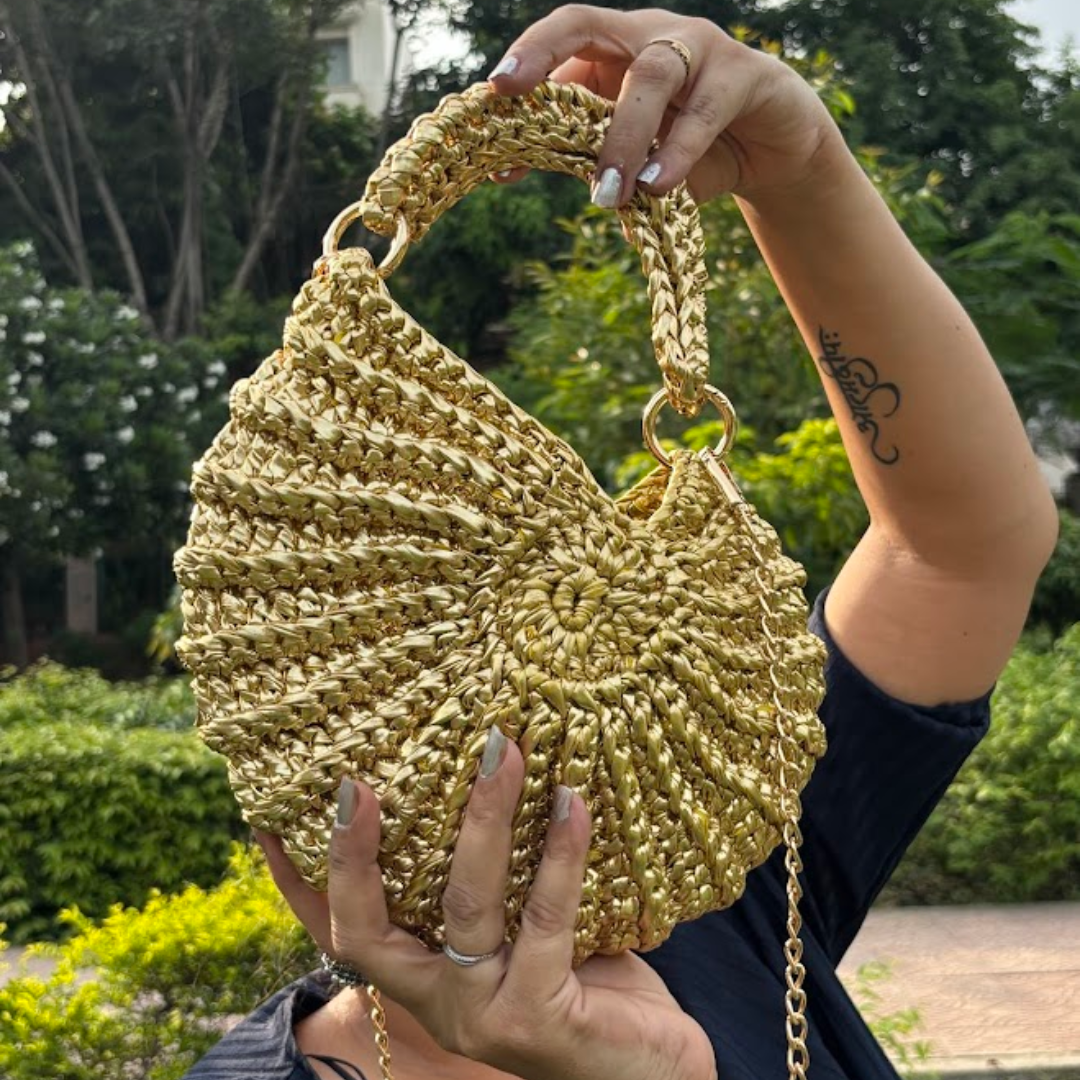 Shiroli Handmade Designer Metallic Golden -  Shell Crochet Bag - Image 1