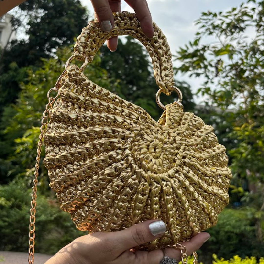 Shiroli Handmade Designer Metallic Golden -  Shell Crochet Bag - Image 2