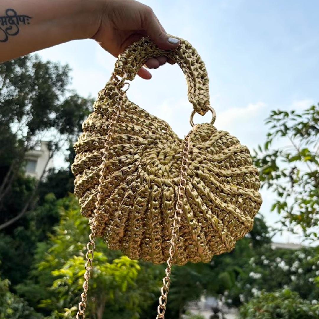 Shiroli Handmade Designer Metallic Golden -  Shell Crochet Bag - Image 3