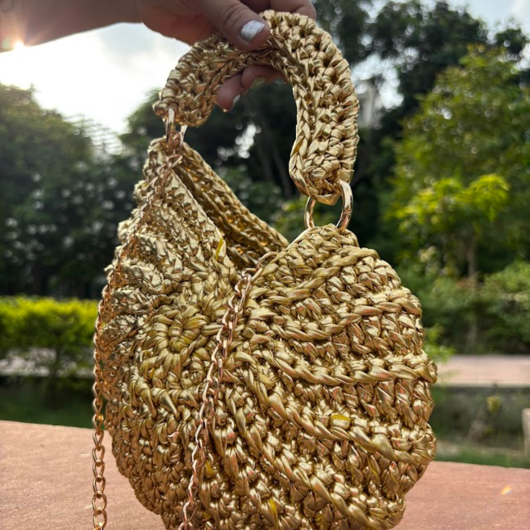 Shiroli Handmade Designer Metallic Golden -  Shell Crochet Bag - Image 4