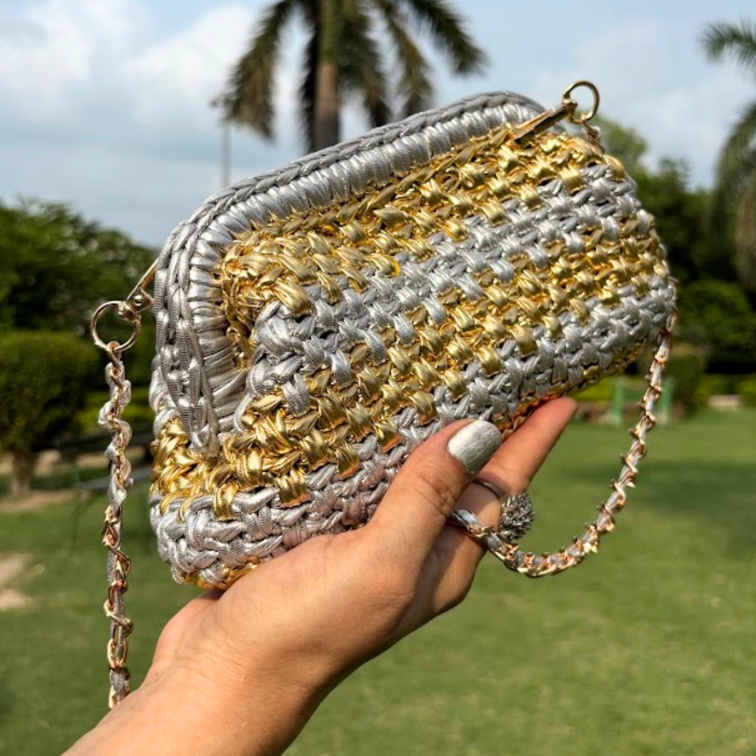 Shiroli Handmade Designer Metallic Golden & Silver - Clutch Crochet Bag- Image 2
