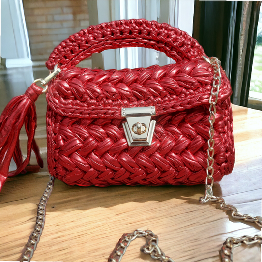 Shiroli Handmade Designer Metallic Hot Red  Crochet Bag - Image 2
