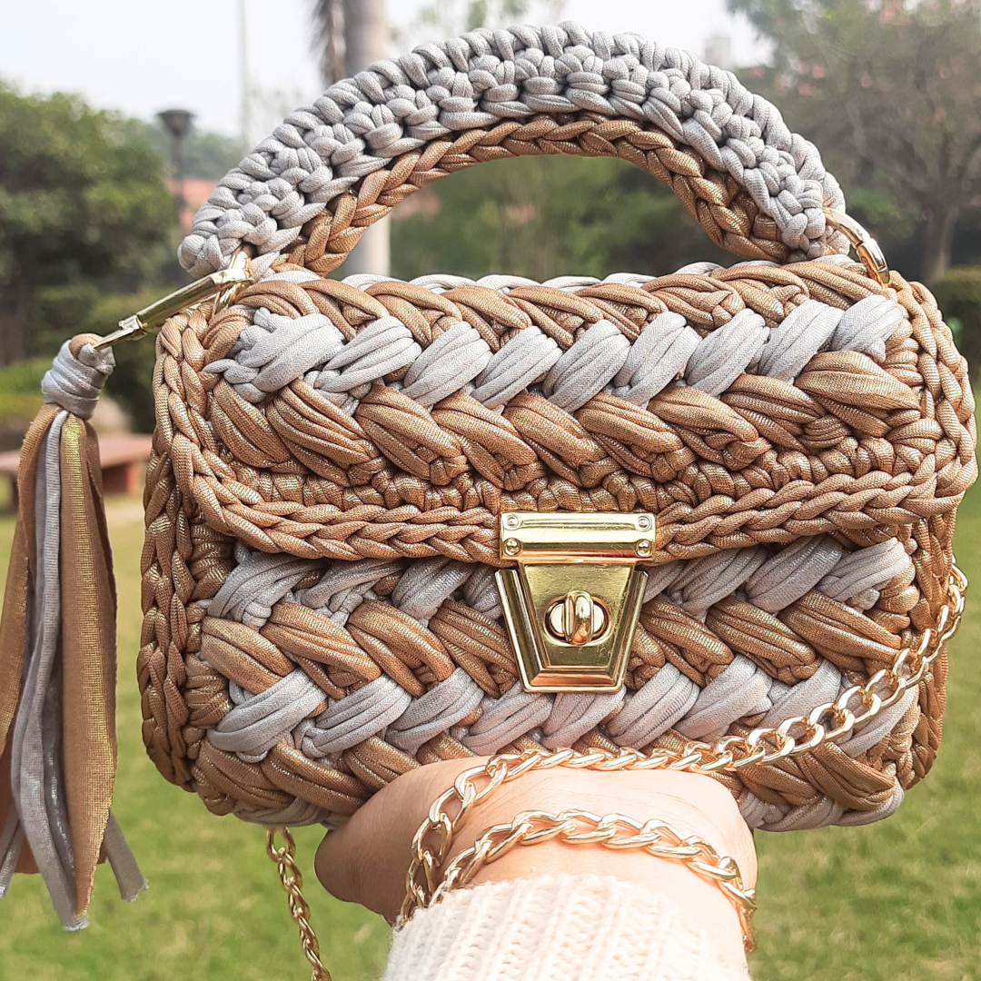 Shiroli Handmade Designer Metallic Mud Gold  & Grey Crochet Bag - Image 1