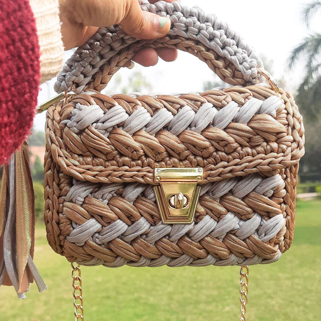 Shiroli Handmade Designer Metallic Mud Gold  & Grey Crochet Bag - Image 2