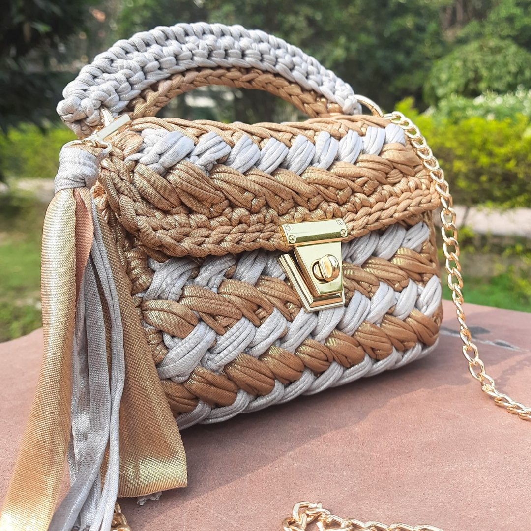 Shiroli Handmade Designer Metallic Mud Gold  & Grey Crochet Bag - Image 3